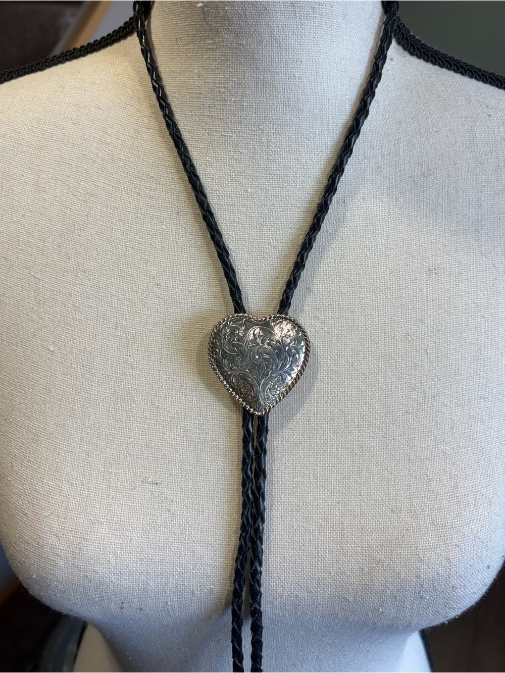 Silver Heart Bolo Tie with Black Braided Cord